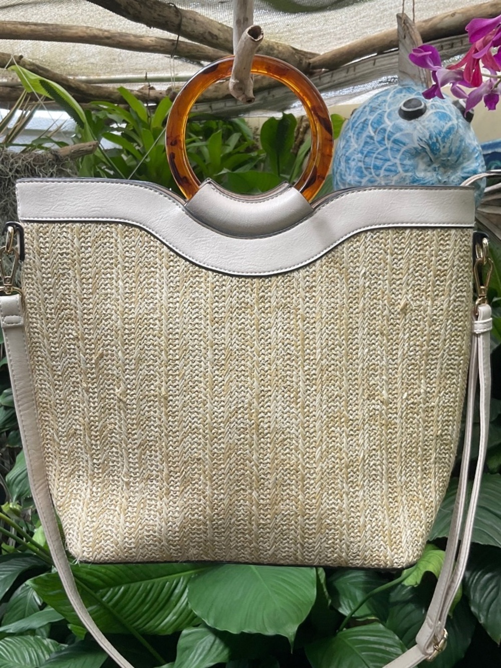 Atrie Straw Purse With Faux Tortoise Handles